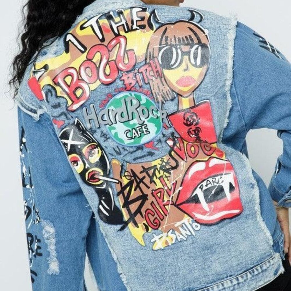 Distressed Graffitti Patchwork Denim Jacket - image 5